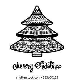 Merry Christmas lettering. Tree vector illustration. Vintage monochrome background. Winter retro card template.