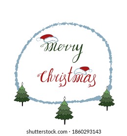Merry Christmas - lettering, lettering with Christmas trees for creating elegant cards, invitations, prints and more. Vector festive frame.
