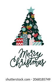 Merry Christmas lettering in trendy script font. Printable greeting card with words illustration. Xmas tree with text, balls, gifts, box, star, candy cone. Red and green vector design elements.