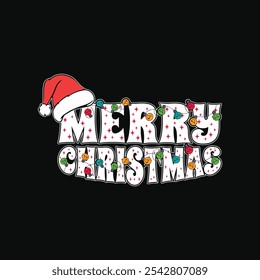 Merry Christmas Lettering T-Shirt Design With Santa Hat.