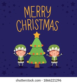 merry christmas lettering with two elfs and one tree vector illustration design