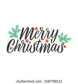 Merry Christmas lettering. Typography design, celebration quotation for banner, backdrops, posters, greeting cards.
Hand drawn calligraphy. Vector illustration isolated on white background.
