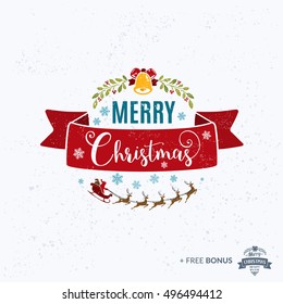 Merry Christmas lettering typography. Handwriting text design with winter holidays calligraphy. Happy New Year greeting card decoration on bright background. Abstract vintage vector.