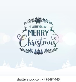 Merry Christmas lettering typography. Handwriting text design with winter holidays calligraphy. Happy New Year greeting card decoration on bright background with blur lights. Abstract vector.