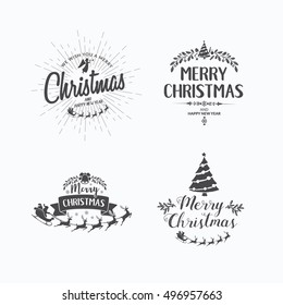 Merry Christmas lettering typography. Handwriting text design with winter holidays calligraphy. Happy New Year greeting card decoration on white background. Abstract vector set.