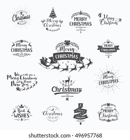 Merry Christmas lettering typography. Handwriting text design with winter holidays calligraphy. Happy New Year greeting card decoration on white background. Abstract vector set.