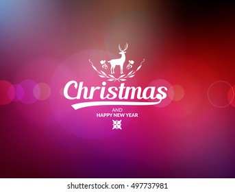 Merry Christmas lettering typography. Handwriting text design with calligraphy. Happy New Year greeting card decoration on red background with blur lights. Abstract vector.
