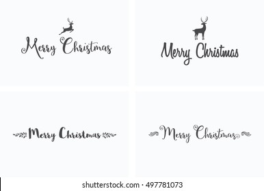 Merry Christmas lettering typography. Handwriting text design with winter holidays. Creative, minimal greeting card decoration on black background. Abstract vintage vector template set. 