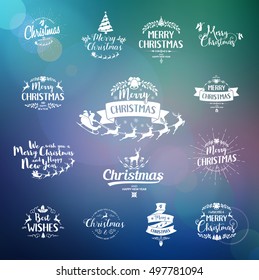 Merry Christmas lettering typography. Handwriting text design with winter holidays calligraphy. Happy New Year greeting card decoration on blue background with blur lights. Abstract vector set.