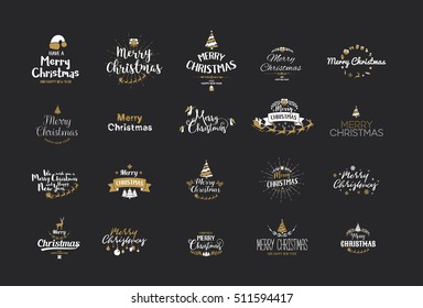 Merry Christmas lettering typography. Handwriting text design with winter holidays calligraphy, icons, symbols, signs. Happy New Year greeting card decoration on dark background. Abstract vector set.
