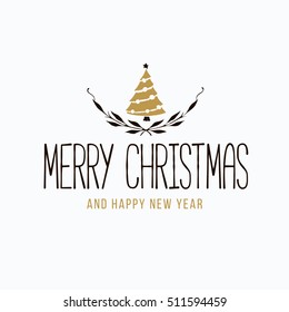 Merry Christmas lettering typography. Handwriting text design with winter holidays gold icons, symbols, signs. Happy New Year greeting card decoration on white background. Abstract vector 