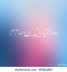 Merry Christmas lettering typography. Text design in handwriting style with ornament soft lines. Happy New Year greeting card decoration on blue blurred background for celebrating, festival. Vector. 