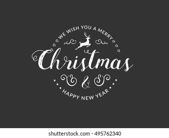 Merry Christmas lettering typography. Text design in handwriting style with winter holidays calligraphy, deer. Happy New Year greeting card decoration on black background. Abstract vector.