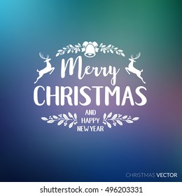 Merry Christmas lettering typography. Text design in handwriting style with winter holidays calligraphy. Happy New Year greeting card decoration on blue background with gradient. Abstract vector.