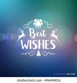 Merry Christmas lettering typography. Text design in handwriting style with winter holidays concept. Happy New Year greeting card decoration on blue background with blur lights. Abstract vector.