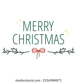 Merry Christmas lettering. Typography. Vector logo, emblem, text design. Merry Christmas inscription with twigs and red bow. Usable for banners, greeting cards, gifts etc.