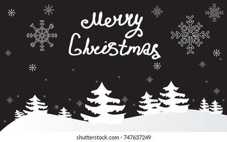 Merry Christmas Lettering. Vector background with snowflakes and Christmas trees for New Year.