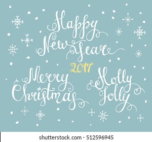 Merry Christmas Lettering. Vector collection in gentle colors of Christmas design elements with wishes for greeting cards, isolated on background.