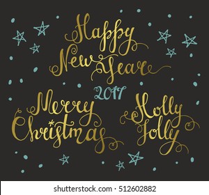 Merry Christmas Lettering. Vector collection of  golden Christmas design elements with wishes for greeting cards, isolated on black background.