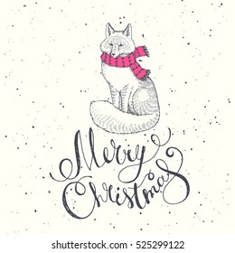 Merry Christmas lettering. Vector hand drawn illustration with fox in scarf. Greeting card for winter holidays