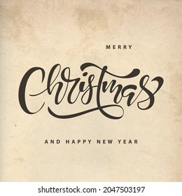Merry Christmas lettering. Vector Illustration. Isolated calligraphic text  Merry Christmas on old paper background  for Holiday Greeting Gift Poster card. Typography design for banner