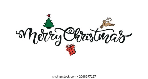 Merry Christmas lettering. Vector Illustration. Lettering Christmas design for Holiday Greeting Gift Poster card. Typography design for banner.  Christmas tags set with typography and colorful icon
