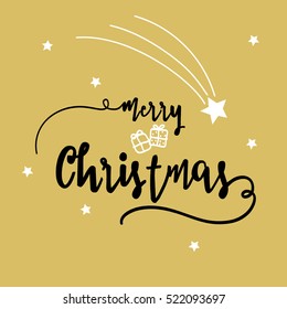 Merry Christmas lettering. Vector illustration. Falling Christmas star, present boxes drawings on the gold background.