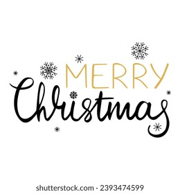 Merry Christmas lettering vector isolated. Winter holiday greeting card design element. Hand-drawn calligraphy. Christmas celebration concept, snowflakes decoration.