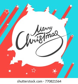 Merry Christmas lettering. Vector white text calligraphic hand draw illustration. Creative modern design for holiday greeting gift poster. Flat landscape with star and snow flake.