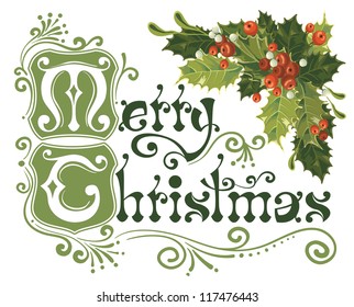 Merry Christmas, Lettering In Vintage Style With Holly Berry