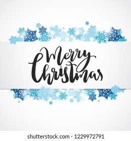 Merry Christmas lettering. White 3d banner with blue snowflakes. Handwritten greeting card. Abstract winter background for card, placard, flyer, poster, web. Vector illustration.