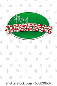 Merry Christmas lettering. White cover of greeting card with bows, reindeers, gifts and trees in background. Layout size: 21 cm x 29.7 cm. A4 size. Lettering design. Vector image