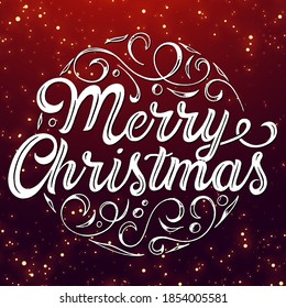 Merry Christmas lettering with whitish line wreath decoration of in a background of snowflakes. Merry Christmas calligraphic greeting card - Vector 