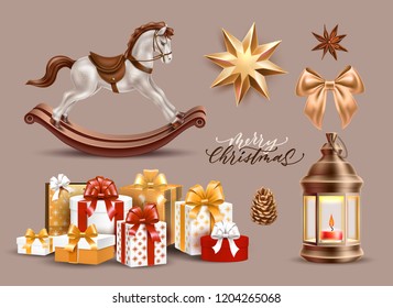 Merry christmas lettering, winter holiday realistic symbols set. Vector christmas tree star shape golden toy, rocking horse present boxes pile, vintage lantern with candle, pine cone, silk bow.