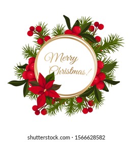 Merry Christmas lettering with wreath decoration of leaves. Merry Christmas Vector Text Background.