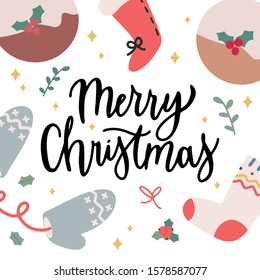 Merry christmas lettering writing on a christmas card with cute doodles. Vector design template for greeting card, banner or social medial post.