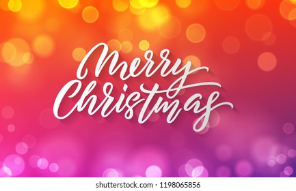 Merry Christmas lettering and Xmas holiday background. Vector Christmas lights sparkles with bokeh light flares