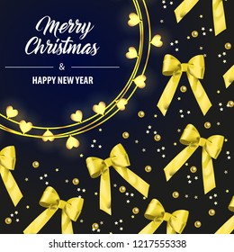 Merry Christmas lettering with yellow ribbon bows. Christmas greeting card. Handwritten and typed text, calligraphy. For leaflets, brochures, invitations, posters or banners.