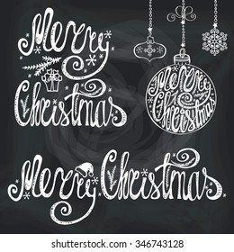 Merry Christmas lettering.Hand drawn vector typography.Congratulation card elements set. Handwriting title,balls shapes,garlands.Vintage isolated  decor on Chalkboard background.