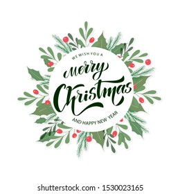 Merry Christmas lettering.Vector Illustration.Isolated calligraphic text  Merry Christmas for Holiday Greeting Gift Poster card. Typography design for banner. 