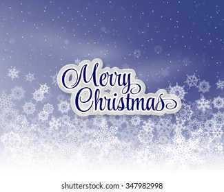 Merry Christmas letters covered with snow on snowy background vintage postcard.