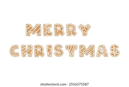 Merry Christmas letters Gingerbread cookies with decorative icing.  Traditional Christmas holiday cookies. Vector illustration design elements isolated on white background.  EPS 10