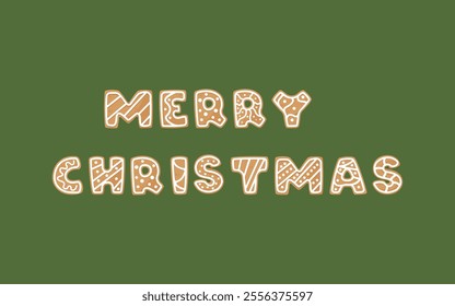 Merry Christmas letters Gingerbread cookies with decorative icing.  Traditional Christmas holiday cookies. Vector illustration design elements isolated on green background.  EPS 10