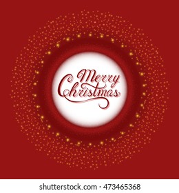 Merry Christmas letters on white and red background. Lettering with wreath of lights and snow. Classic Traditional Design. Magic Button. Game element. Vector Illustration