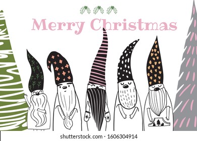 Merry Christmas letters, Seasons greetings , cute nordic  gnomes in hand - drawn scandinavian hats.