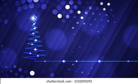Merry Christmas light background. Vector illustration of abstract glowing neon colored Christmas tree over blue background for your design