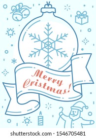 Merry Christmas light blue poster flat vector illustration