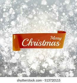 Merry christmas Light grey blur background with snowflakes, glitter and red ribbon. Holiday abstract background with shine and light. Can be use in holiday of new year, christmas or winter theme