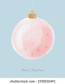 Merry Christmas. Light Pink Dotted Watercolor Style Christmas Ball Isolated on a Pastel Blue Background. Cute Winter Holidays Vector Illustration ideal for Card, Banner, Poster, Wall Art.