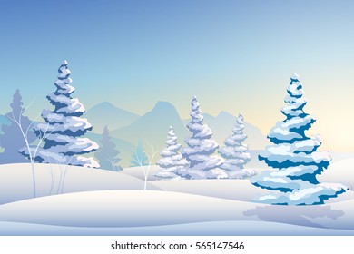 Merry Christmas light template with winter landscape snowy fir trees mountains and sky vector illustration
